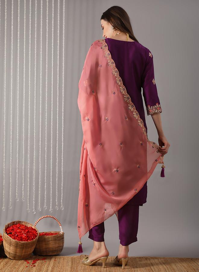 globus Women Purple Floral Embroidered Straight Kurta with Pant and Contrast Dupatta Set - Image 2